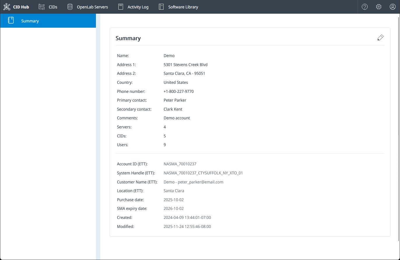 Account Summary page showing company name, address, contacts, and read-only counts.