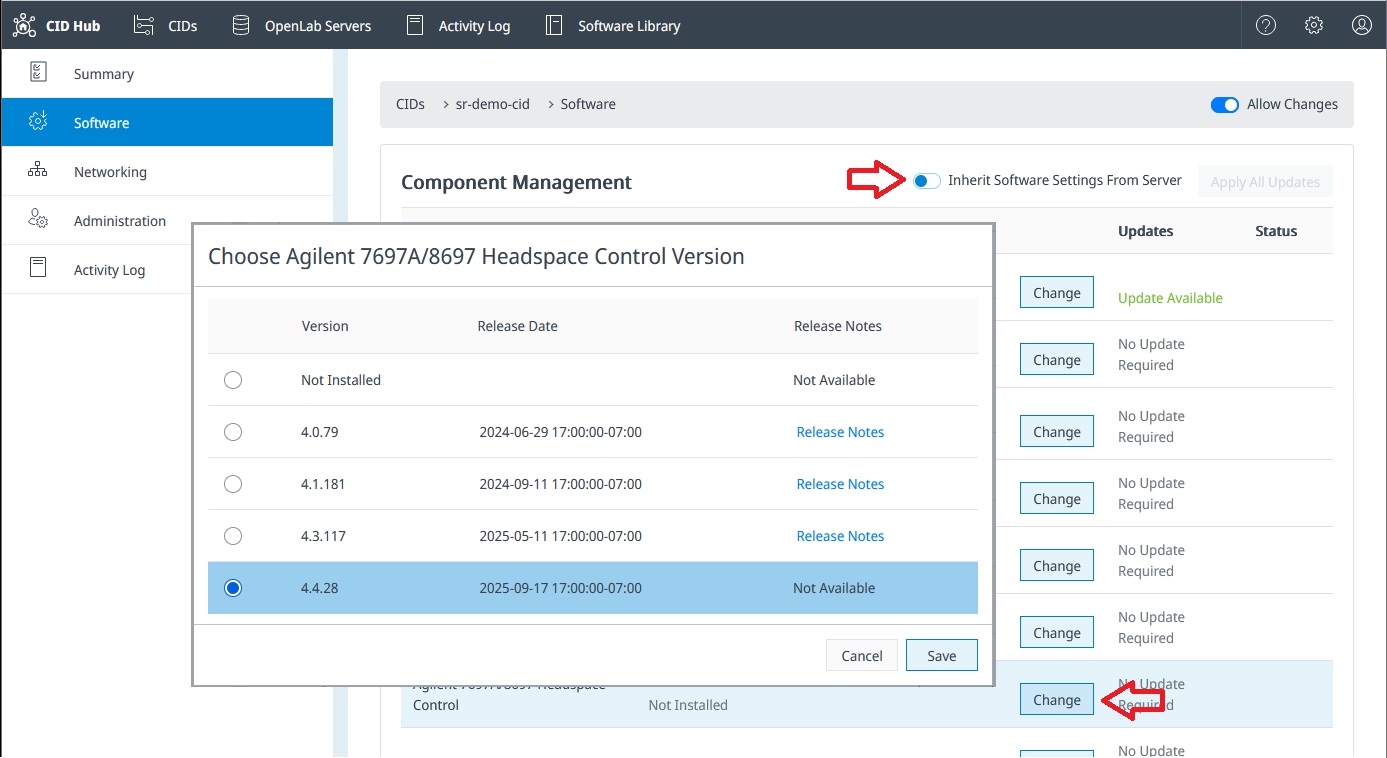 CID Software tab with the Inherit Software Settings From Server toggle