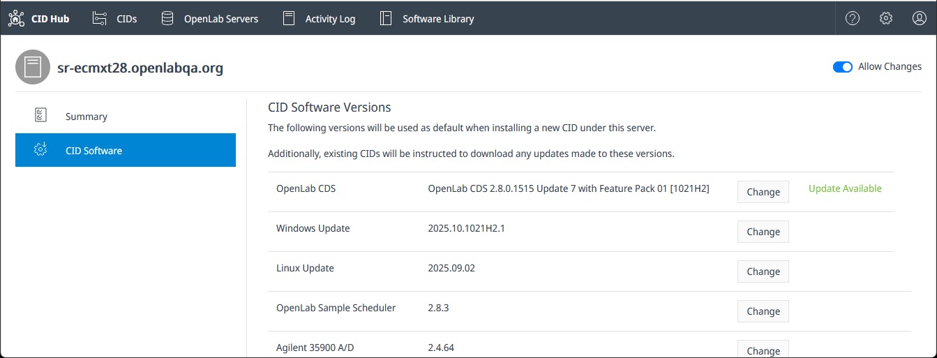 OpenLab CDS row on the Software tab with the Update Available label visible