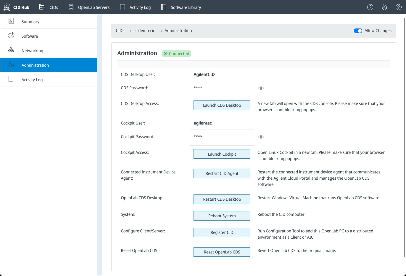 CID Administration tab with credentials, restart buttons, and recovery actions