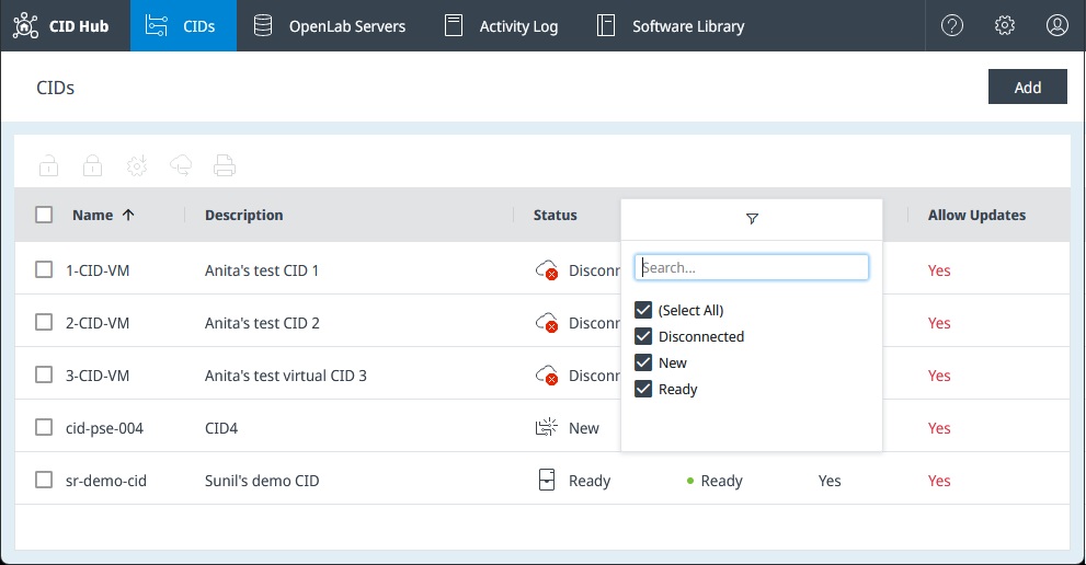 Filter pop-up opened from a column header on the CIDs list