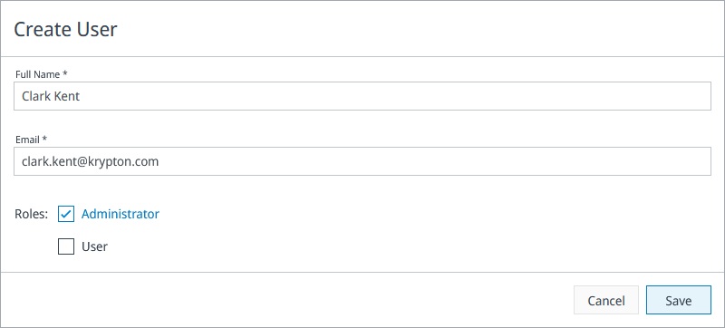 Create User dialog with Full Name, Email, and role selection fields.