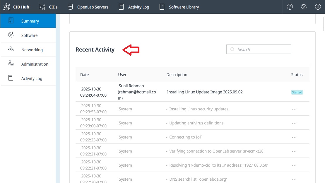 Recent activity section on the CID Summary page showing activation steps in chronological order