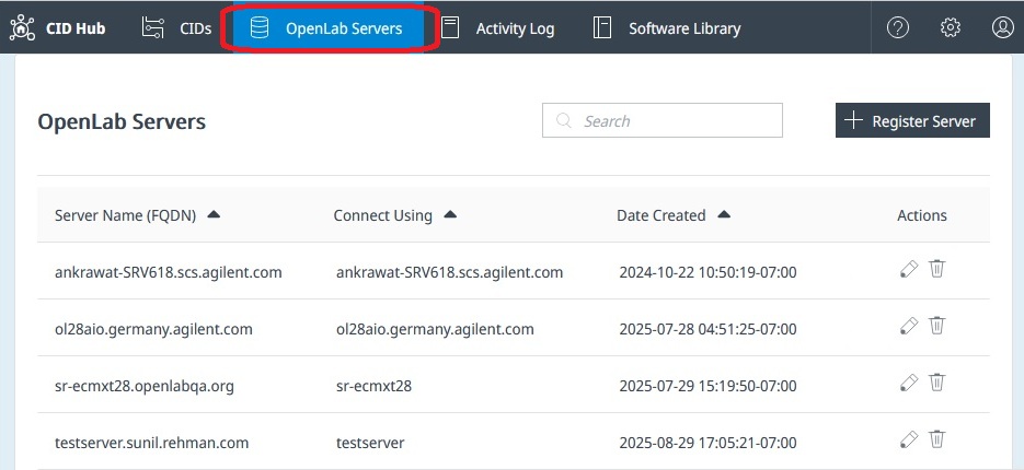 OpenLab Servers page showing the Register Server button and existing server entries