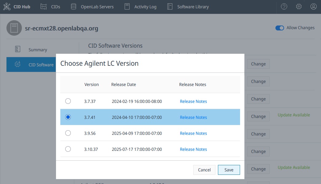 Driver selection dialog showing compatible versions for the selected CDS