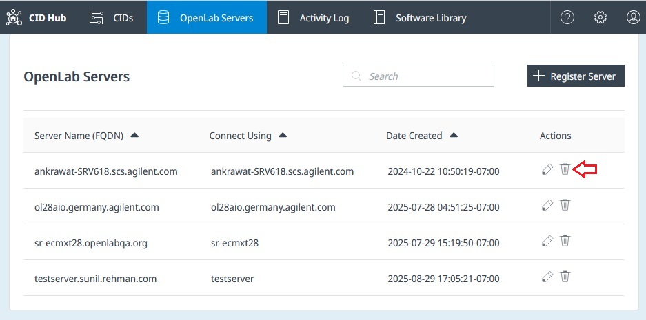 OpenLab Servers list with the Delete icon highlighted in the Actions column