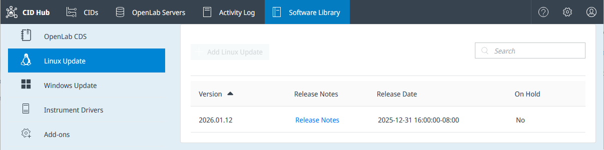 Software Library Linux Update list showing the version, Release Notes, and Release Date columns